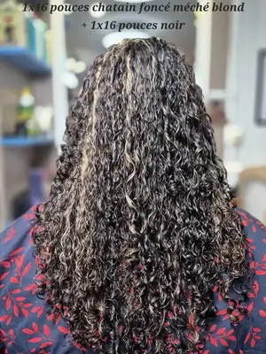 Dark brown pixel curl weave with blonde highlights 4